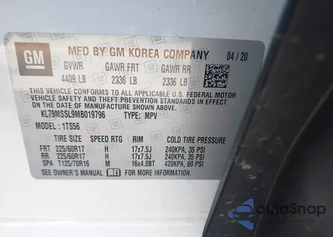 2021 Chevrolet Trailblazer Awd Activ из США, поврежденный, VIN KL79MSSL9MB019796